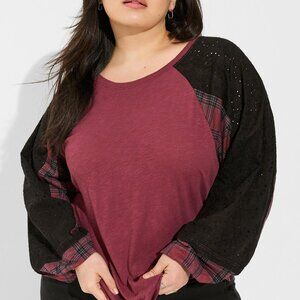 Torrid Cotton Modal Slub Crew Neck Raglan Eyelet Inset Print Mix Top Plus 2X New
